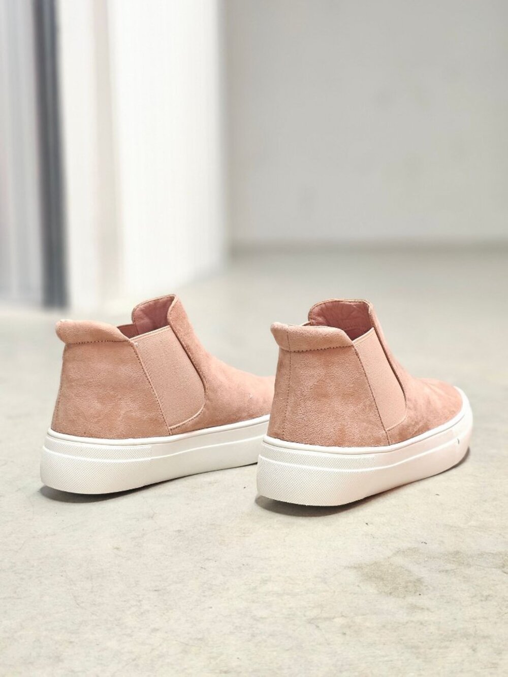 Blush Nubuck Slip-On Platform Sneakers With Elastic Side Panels & White Soles Fo - Picture 8 of 14